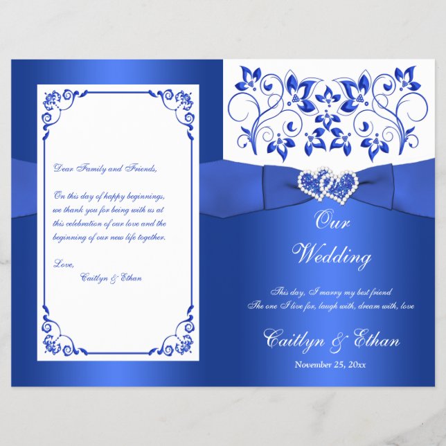 Cobalt Blue, White Floral Hearts Wedding Program (Front)
