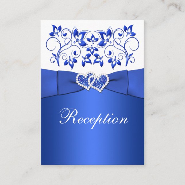 Cobalt Blue, White Floral Wedding Reception Card (Front)