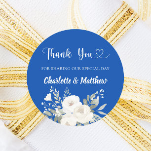Cobalt blue white florals heart thank you wedding classic round sticker