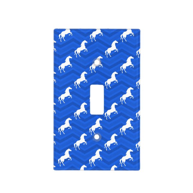 Cobalt Blue, White Horse, Equestrian, Chevron Light Switch Cover (Front)