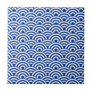 Cobalt Blue White Japanese Wave Pattern Ceramic Tile
