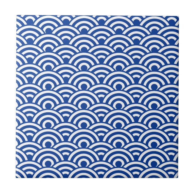 Cobalt Blue White Japanese Wave Pattern Ceramic Tile (Front)