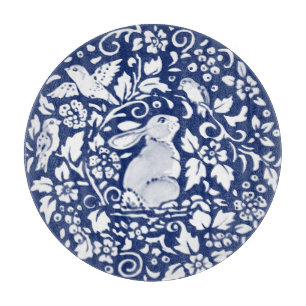 Cobalt Blue White Rabbit Bunny Bird Elegant Floral Cutting Board