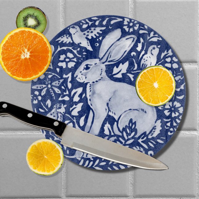 Cobalt Blue White Rabbit Hare Bird Floral Woodland Cutting Board (Creator Uploaded)