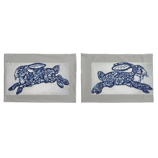 Cobalt Blue & White Rabbit Pillowcases Gray Marble (Back-Set)
