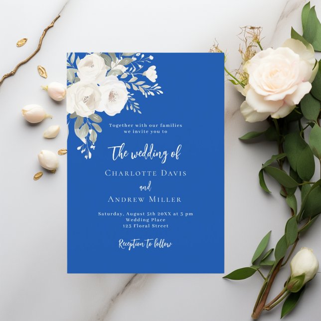 Cobalt blue white roses florals wedding invitation (Creator Uploaded)