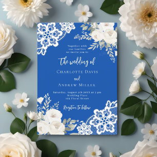 Cobalt blue white roses lace wedding invitation