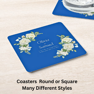 Cobalt Blue & White Roses Square Paper Coaster