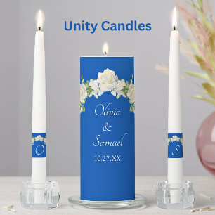 Cobalt Blue White Roses Unity Candle Set