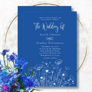 Cobalt Blue White Wildflower Trendy Wedding  Invitation