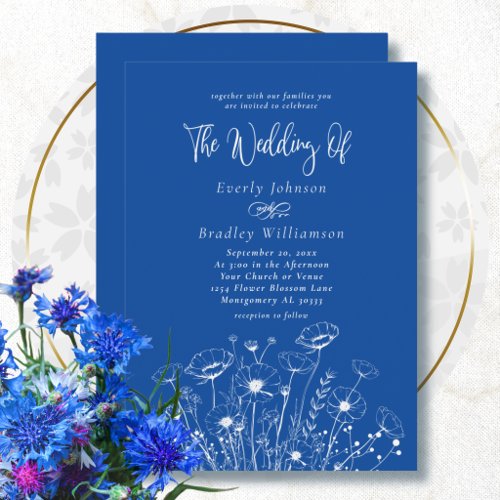 Cobalt Blue White Wildflower Trendy Wedding Invitation