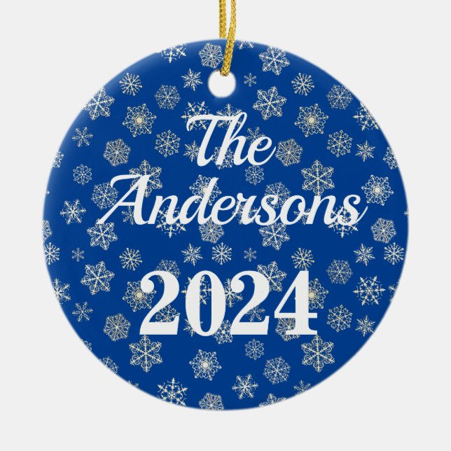 Cobalt Blue with Snowy Background Personalized  Ceramic Ornament (Front)