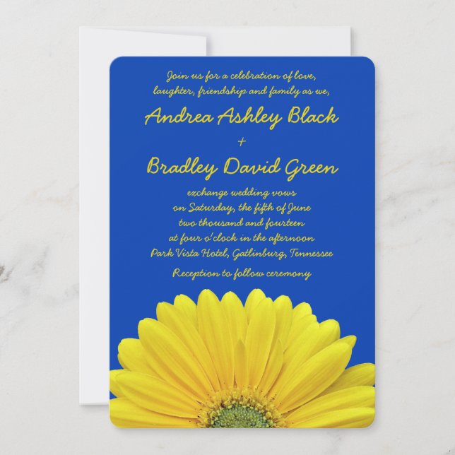 Cobalt Blue Yellow Gerber Daisy Wedding Invitation (Front)