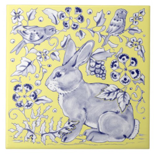 Cobalt Blue Yellow Rabbit Bird Woodland Floral Ceramic Tile