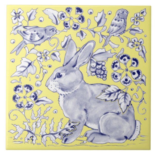 Cobalt Blue Yellow Rabbit Bird Woodland Floral Ceramic Tile (Front)