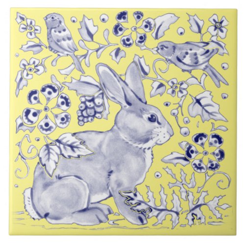 Cobalt Blue Yellow Rabbit Bird Woodland Floral Ceramic Tile