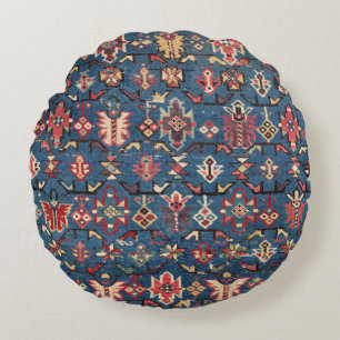Cobalt Blue Yellow Red Aztec Butterfly  Round Pillow