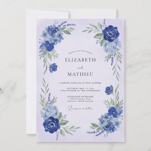Cobalt Botanical Flourish Wedding Invitation (Front)