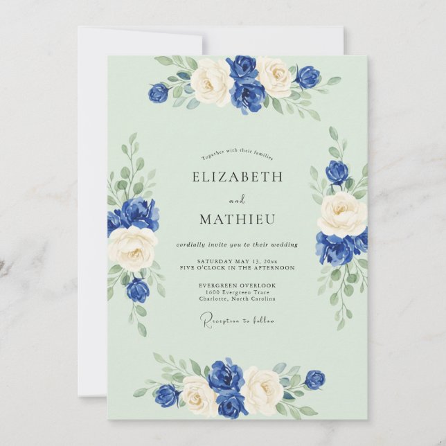 Cobalt Celadon Rose Wedding Invitation (Front)