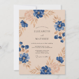 Cobalt Champagne Leafy Wedding Invitation