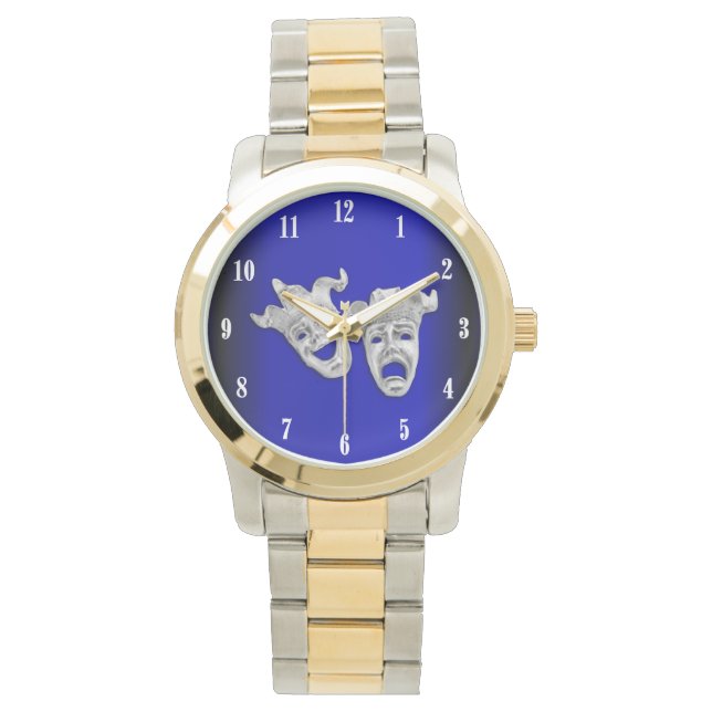 Cobalt Comedy and Tragedy Theater White Numbers Watch (Front)