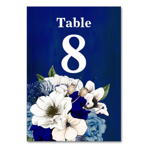 Cobalt Dusty Blue and White Floral Watercolor Table Number