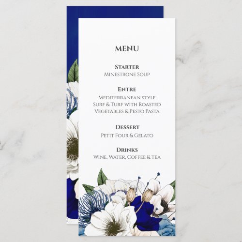 Cobalt Dusty Blue Cream Floral Watercolor Wedding  Menu