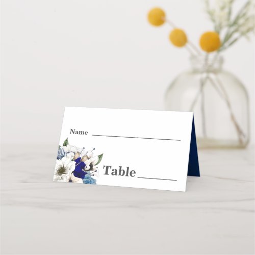 Cobalt Dusty Blue Cream Floral Watercolor Wedding  Place Card