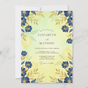 Cobalt Gold Leafy Wedding Invitation