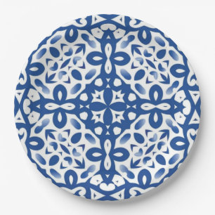 Cobalt Heritage Classic Blue and White Geometric Paper Plates