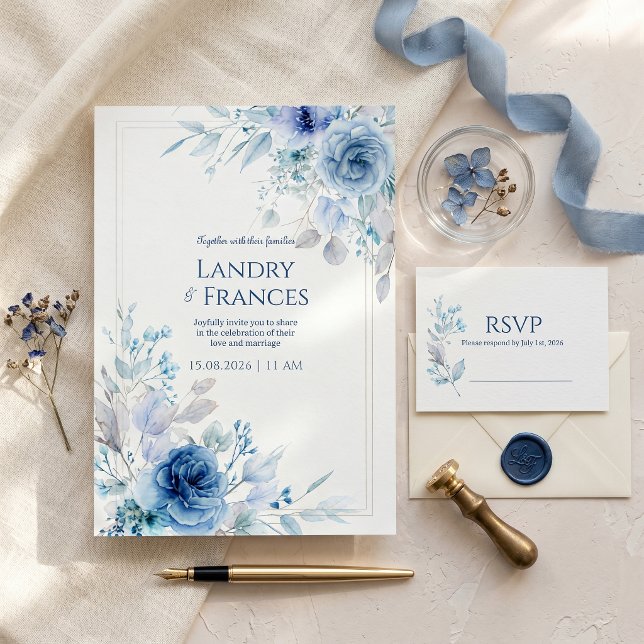 Cobalt Indigo Rose Romantic Botanical Frame Invitation (Creator Uploaded)