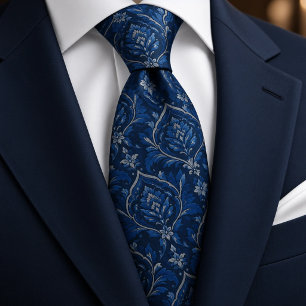 Cobalt Midnight Blue Silver Damask Neck Tie