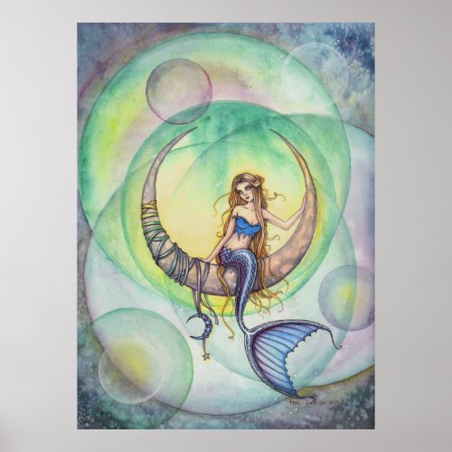 Cobalt Moon Mermaid Mystical Fantasy Art Poster