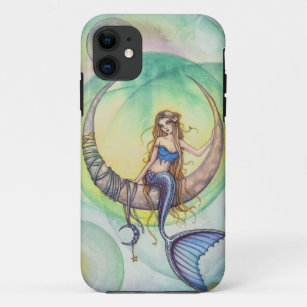 Cobalt Moon Watercolor Mermaid Art Illustration iPhone 11 Case