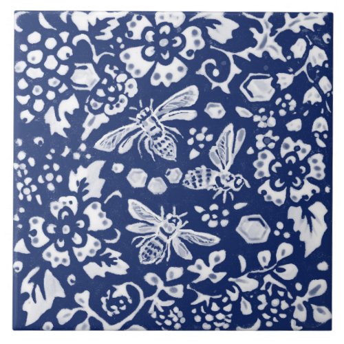 Cobalt Navy Blue Cobalt Bee Beehive Floral Animal Ceramic Tile