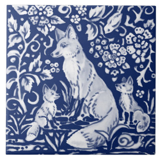 Cobalt Navy Blue Cobalt Fox Family Floral Animal Ceramic Tile