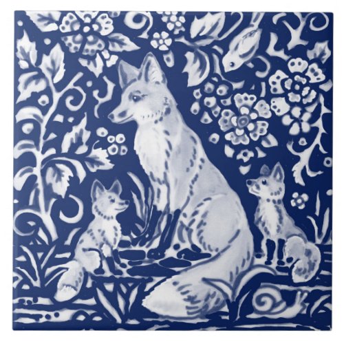 Cobalt Navy Blue Cobalt Fox Family Floral Animal  Ceramic Tile