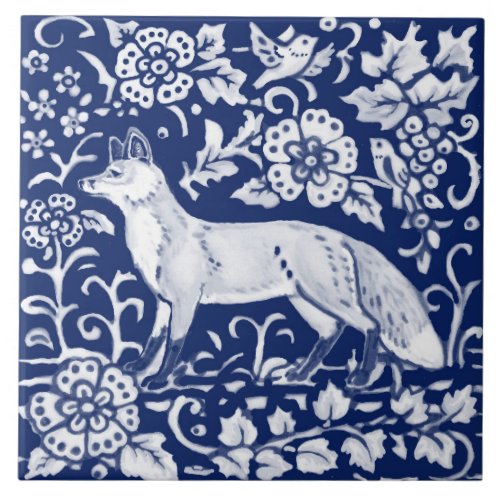 Cobalt Navy Blue Cobalt Fox Woodland Floral Morris Ceramic Tile