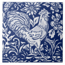 Cobalt Navy Blue Cobalt Rooster Chicken Floral Ceramic Tile