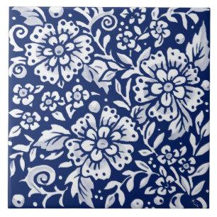 Cobalt Navy Blue Floral Flower Leaf Intricate Ceramic Tile