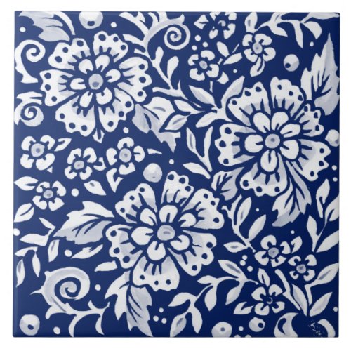 Cobalt Navy Blue Floral Flower Leaf Intricate  Ceramic Tile