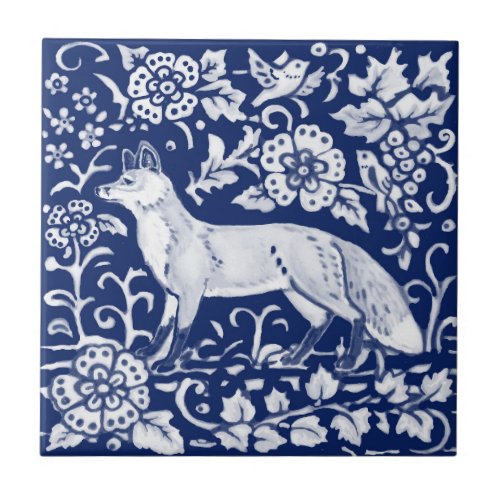 Cobalt Navy Blue Fox Woodland Floral 4 14size Ceramic Tile