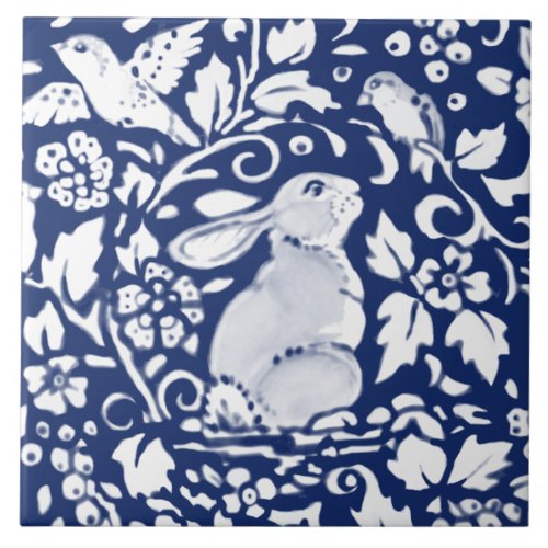 Cobalt Navy Blue Rabbit Bird Dedham Delft Morris C Ceramic Tile