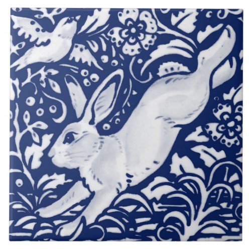 Cobalt Navy Blue Rabbit Bird Dedham Delft Morris  Ceramic Tile