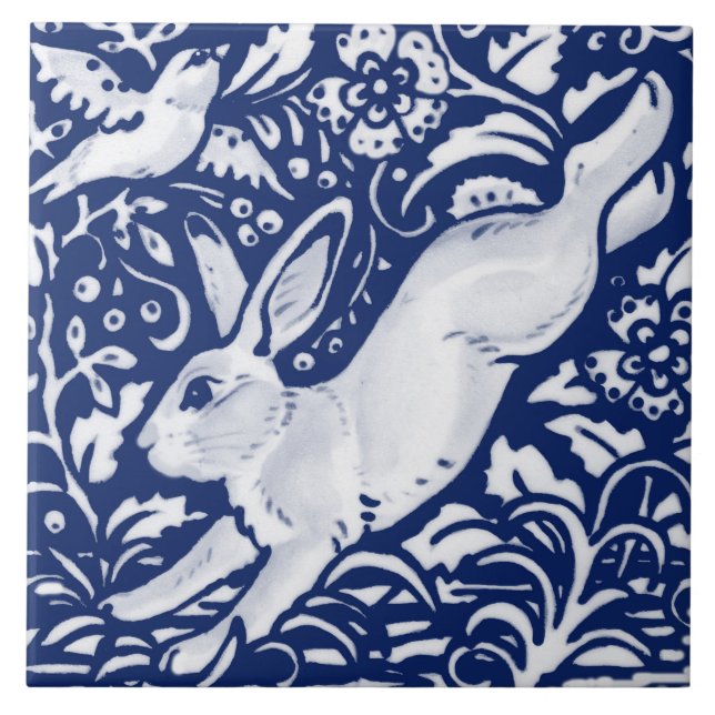 Cobalt Navy Blue Rabbit Bird Dedham Delft Morris  Ceramic Tile (Front)