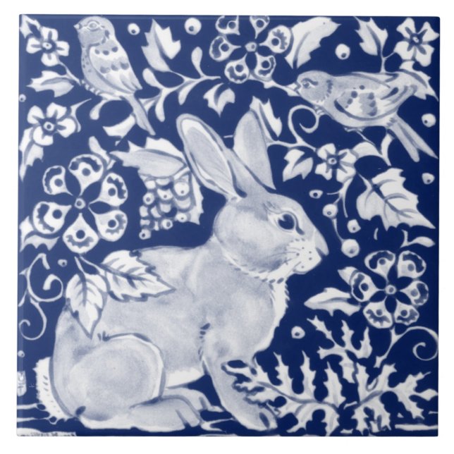 Cobalt Navy Blue Rabbit Bird Dedham Delft Morris  Ceramic Tile (Front)