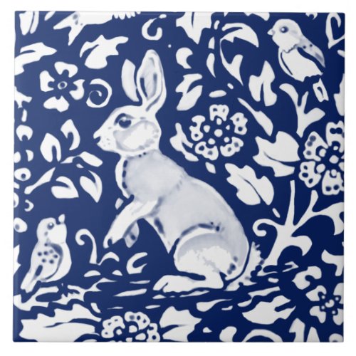 Cobalt Navy Blue Rabbit Bird Dedham Delft Morris Ceramic Tile