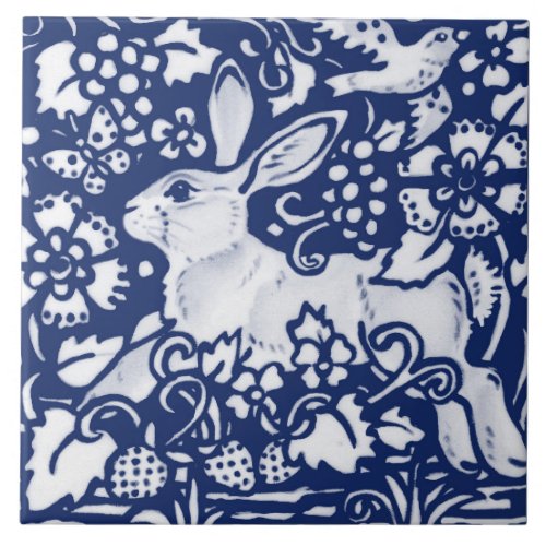 Cobalt Navy Blue Rabbit Bunny Dedham Delft Morris  Ceramic Tile