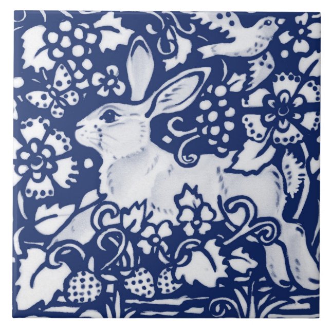 Cobalt Navy Blue Rabbit Bunny Dedham Delft Morris  Ceramic Tile (Front)