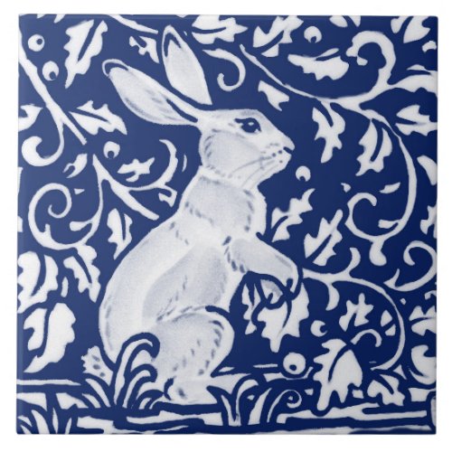 Cobalt Navy Blue Rabbit Bunny Dedham Delft Morris  Ceramic Tile